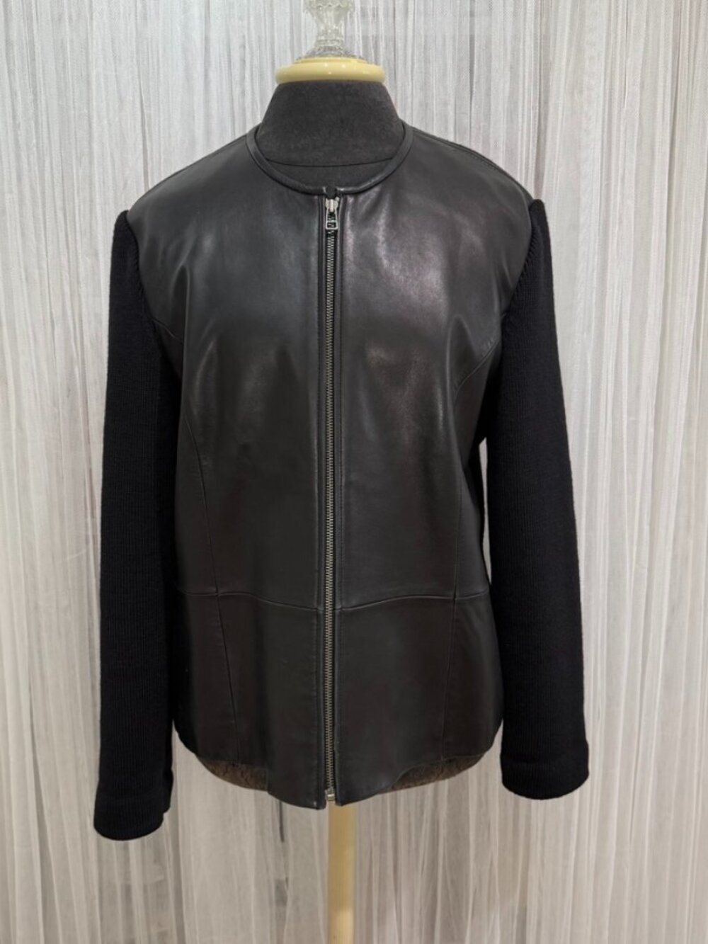 Nordstrom Genuine Lambskin Leather Knit Sleeve Jacket Womens XL Black Zip
